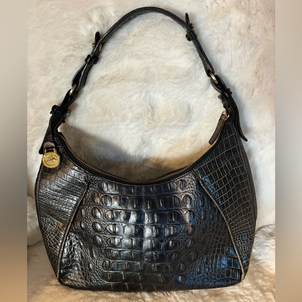 Brahmin Black & Gold Leather Croc Embossed Shoulder Bag